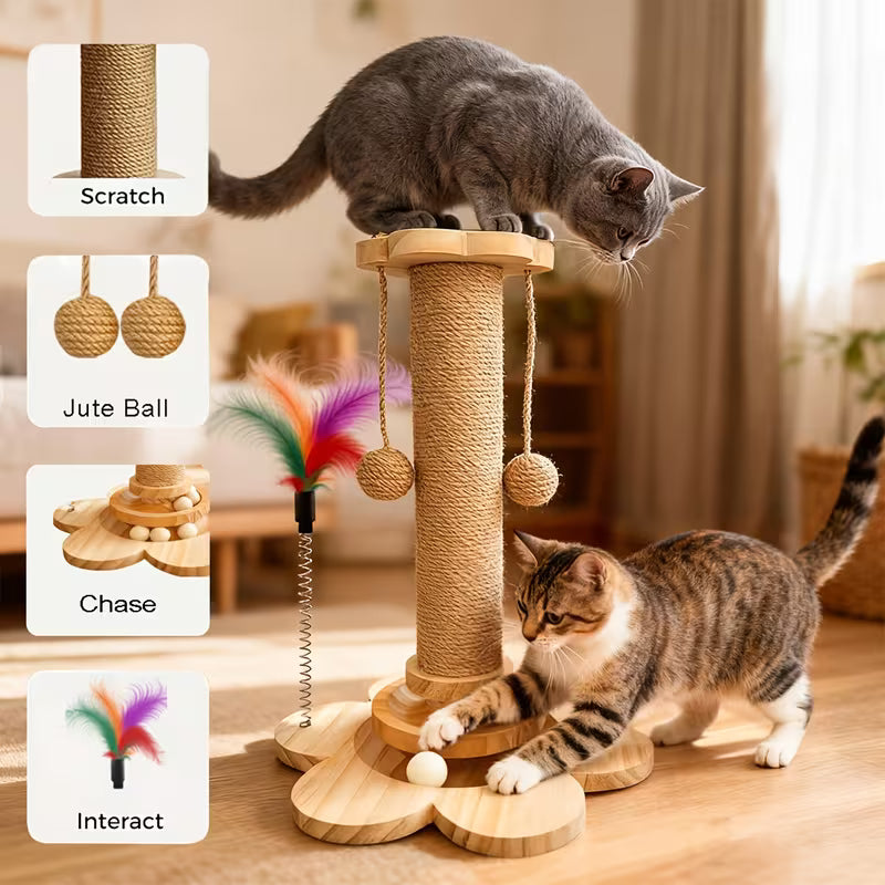 Vertical Cat Tree And Climbing Tower Made of Solid Wood And Sisal - A Durable Scratching Post for Cats, Ideal for Kittens And Adult Cats, Space-Efficient Design