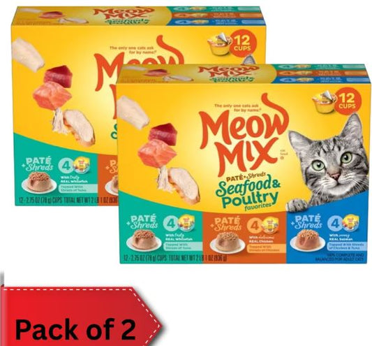 Meow Mix Wet Cat Food Variety Pack, Pate Texture, Seafood & Poultry Flavors, 2.75 oz Cups, 12 Count pack of 2