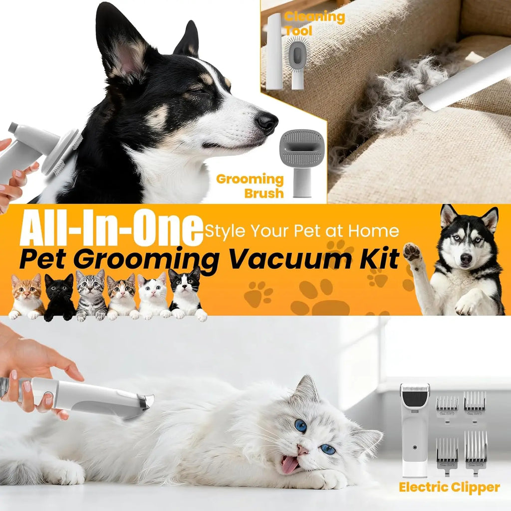 Dog Grooming Vacuum Kit: Low Noise, 12,000Pa Pet Hair Remover with Clipper & Brush for Easy Cleaning