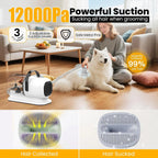 Dog Grooming Vacuum Kit: Low Noise, 12,000Pa Pet Hair Remover with Clipper & Brush for Easy Cleaning