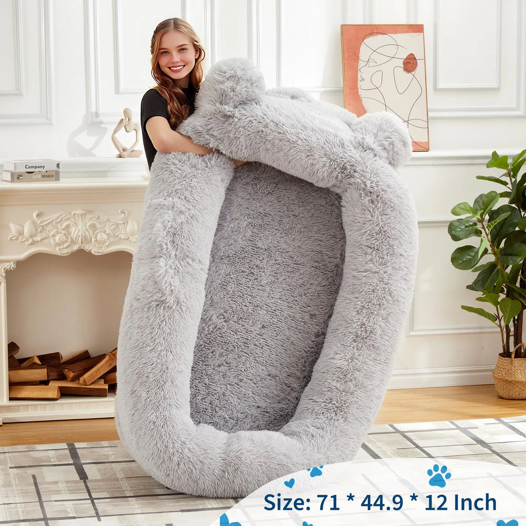 71" Large Human Size Dog Bed For Adults & Pets Removable Washable Cover Storage Pockets & Matching Blanket For Napping