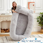 71" Large Human Size Dog Bed For Adults & Pets Removable Washable Cover Storage Pockets & Matching Blanket For Napping