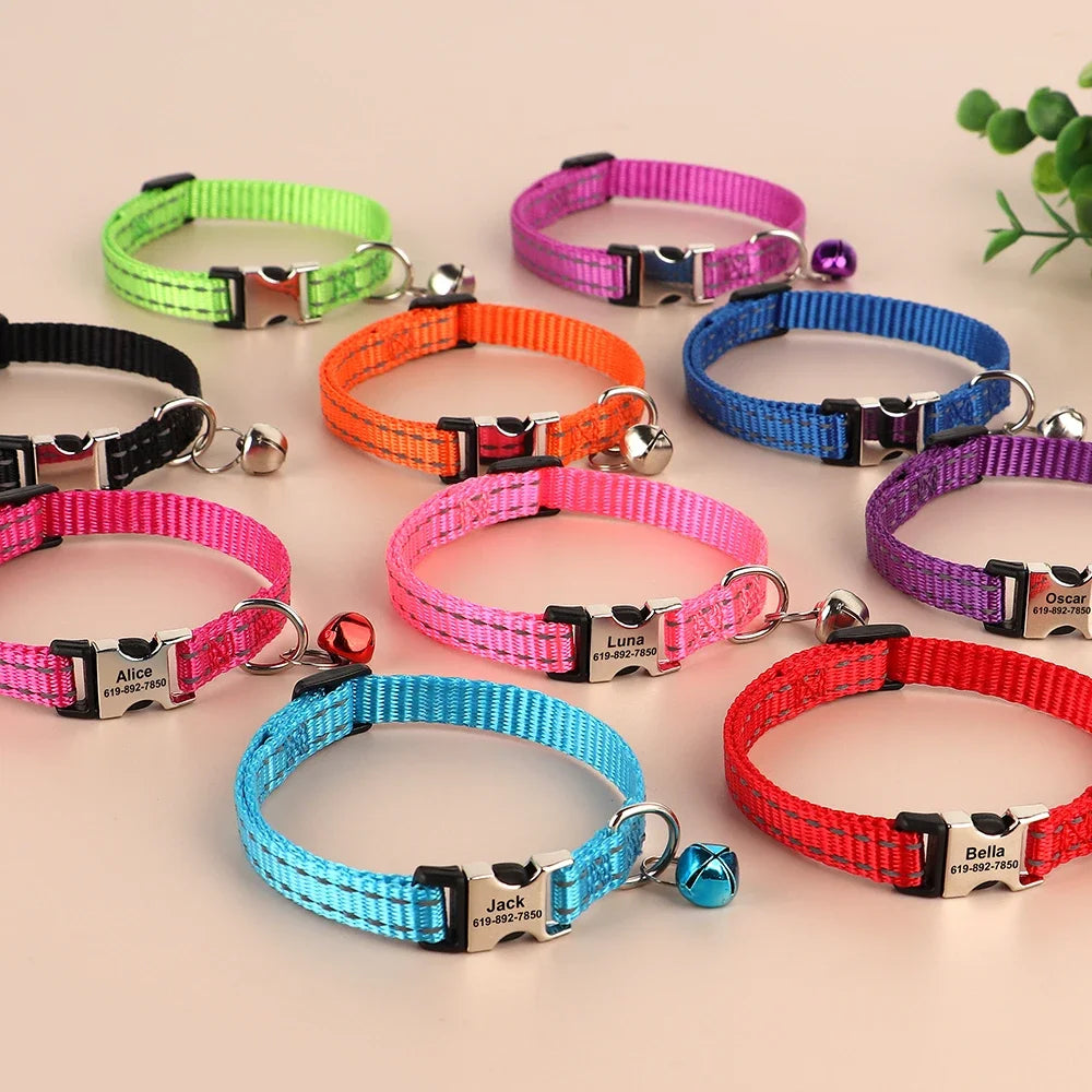Personalized Cat Collar Reflective Nylon Dog Cats ID Collars With Free Engraving for Cats Small Dogs Chihuahua 10 Col15