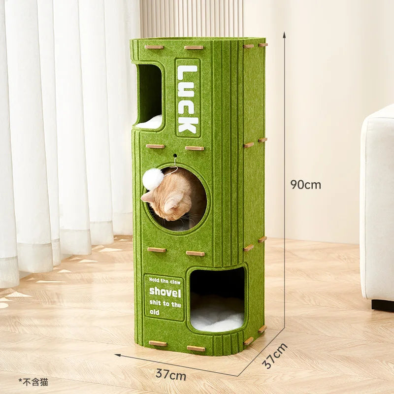 3-Tier Green Felt Cat Bed Multifunction Integrated Felt Cat Cave Creative Cat Bucket for Multi-Cat Family Pet Entertain Nest