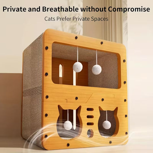 2-in-1 Cat Scratching Post and Bed - -Level Cat Tree Suitable for Large Cats or 2-3 Kittens, Ultra-Durable Corrugated Cardboard with Bed, Scratching Post & Ventilated Door - /Outdoor Cat Condo for Growing Kittens & Cats